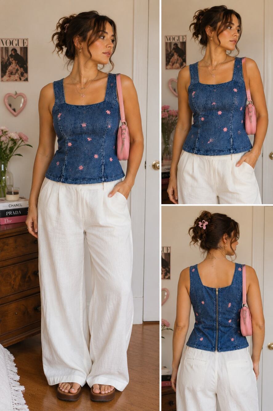 Vintage Y2K Denim Daisy Embroidered Tank Top Women’s Size 16 Cottagecore Floral